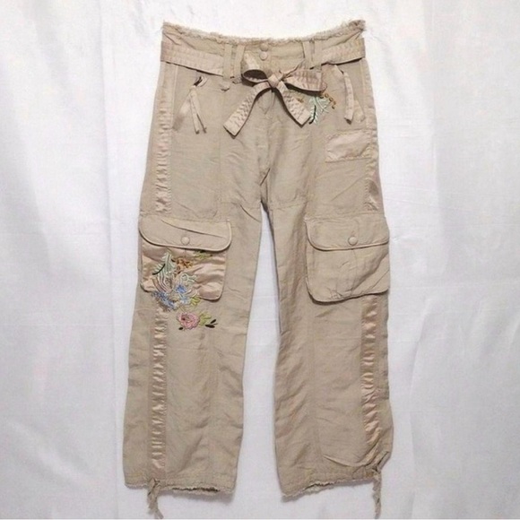 Y2K Cover Charge Deep L. A. Tan Embroidered Low Waist Belted Cargo Pants Sz 30 - Picture 1 of 7